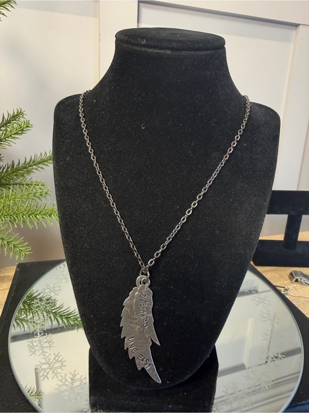 Silver-Tone Feather Pendant Necklace - Live Hard Live Fast Handmade in Kelowna